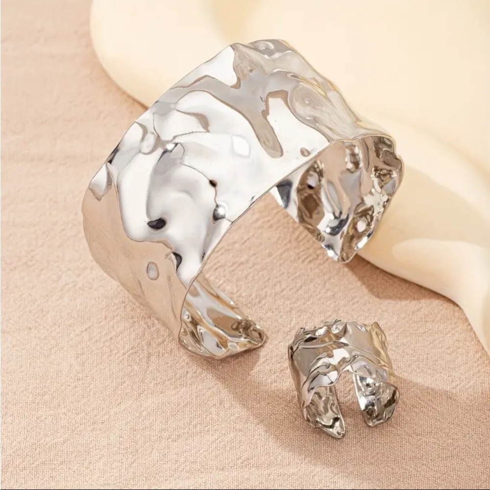 HAMMERED Silver Wide Open Cuff Bracelet & Matching Ring